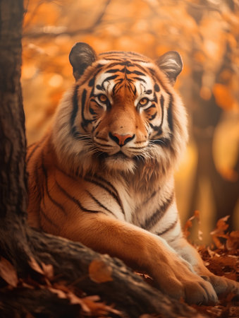 Siberian Tiger in the autumn forest, close-up portraitの素材