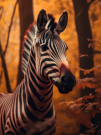 Zebra portrait in the autumn forest. Animal in the nature.の素材