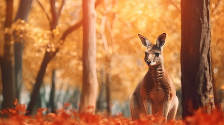 Kangaroo in the autumn forest with red leaves and yellow treesの素材