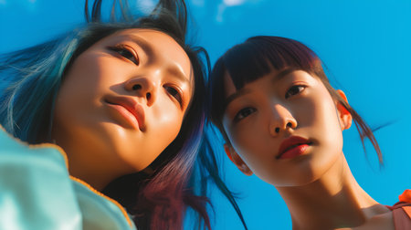 Portrait of two young asian girls on blue sky background.の素材