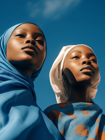 two african american women in headscarf on blue sky backgroundの素材