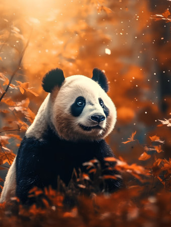 Panda in the autumn forest. Beautiful nature scene with giant panda.の素材