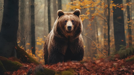Brown bear in the autumn forest. Wildlife scene with wild animal.の素材