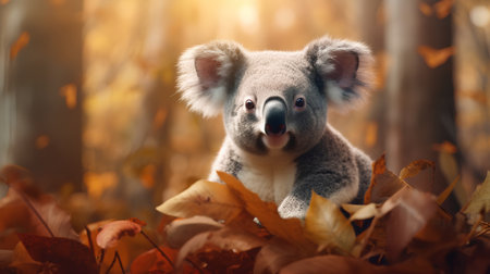 Cute koala in the autumn forest with fallen leaves. Beautiful nature background.の素材