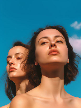 Portrait of two beautiful young women with closed eyes on blue sky backgroundの素材