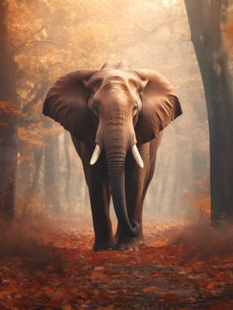 African elephant in the autumn forest. Nature and wildlife. Vintage style.の素材