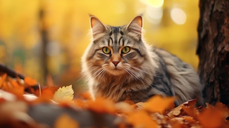 Portrait of beautiful siberian cat on autumn leaves background.の素材