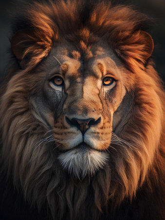Portrait of a male lion with a beautiful mane and long maneの素材