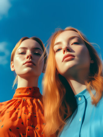 Two young beautiful girls with red hair posing on the blue sky background.の素材