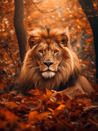 Portrait of a lion in the autumn forest. Animal portrait.の素材