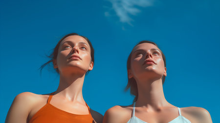 Portrait of two young beautiful women on the background of blue skyの素材