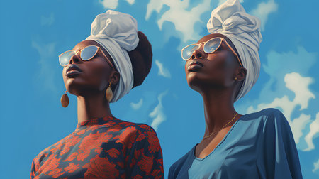 Fashion portrait of two african american women on blue background.の素材