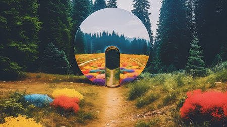 Digital composite of Colorful flowers in the meadow with mirror effectの素材