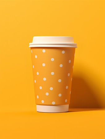 Paper coffee cup with polka dots on orange background. 3d renderingの素材