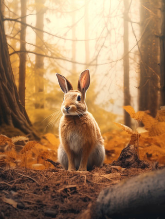 Cute red hare sitting in the autumn forest. Easter concept.の素材