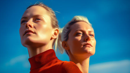 Portrait of two beautiful young women in red clothes on blue sky backgroundの素材