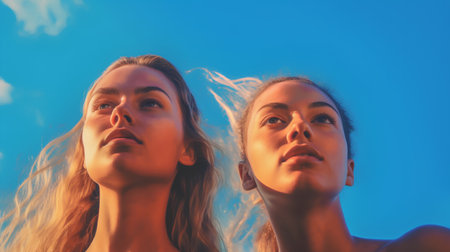 Closeup portrait of two young women looking at camera against blue skyの素材