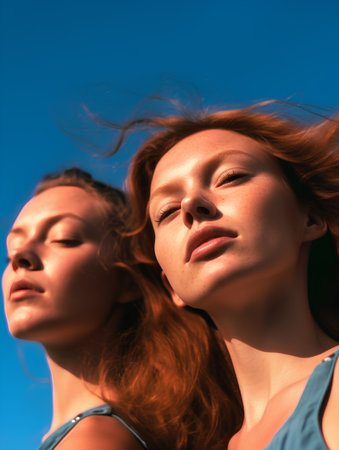 Portrait of two young girls on blue sky background. Close-up.の素材