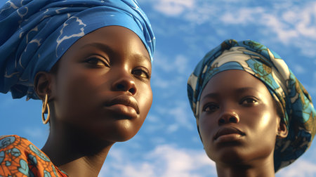 African women with headscarf on sky background. 3d renderingの素材