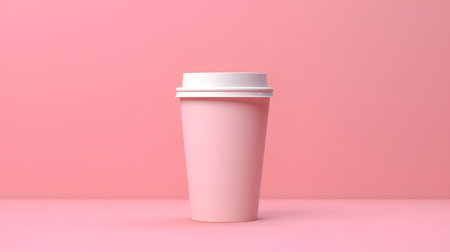 Pink paper coffee cup on pink background. 3d render illustration.の素材