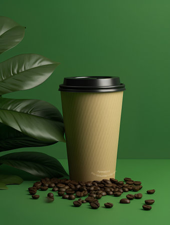 Coffee Cup Mockup with Coffee Beans on a Green Backgroundの素材