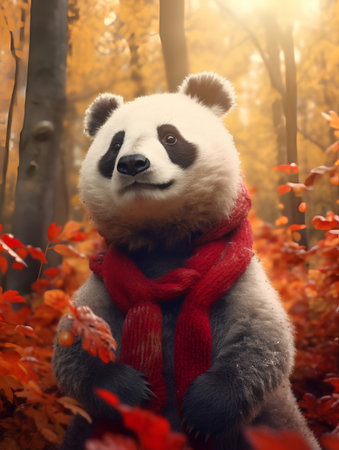 Panda bear in red scarf and scarf in the forest in autumnの素材