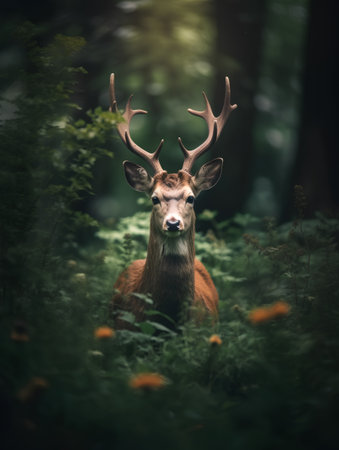 Majestic red deer stag with antlers in the forest.の素材