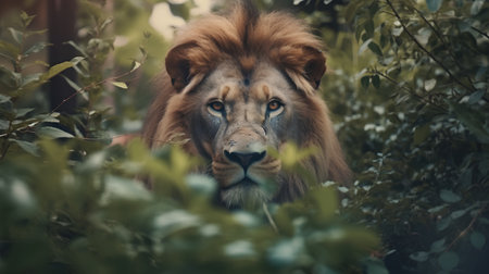 Portrait of a lion in the forest. Filtered image processed vintage effect.の素材
