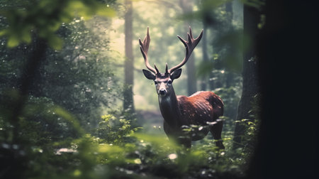 Fallow deer in the forest. Filtered image processed vintage effect.の素材
