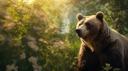 Brown bear in the summer forest. Sunset light. Toned.の素材