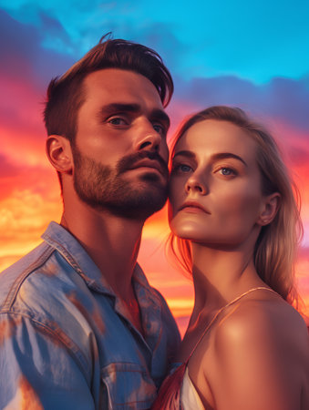 Portrait of a beautiful young couple in love on sunset background.の素材