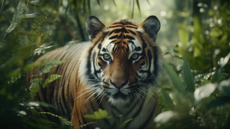 Tiger in the forest. Wildlife scene from nature. Beautiful and dangerous animal.の素材