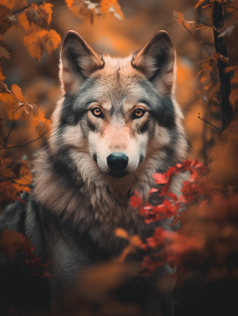 Beautiful wolf in the autumn forest. Portrait of a wolf.の素材