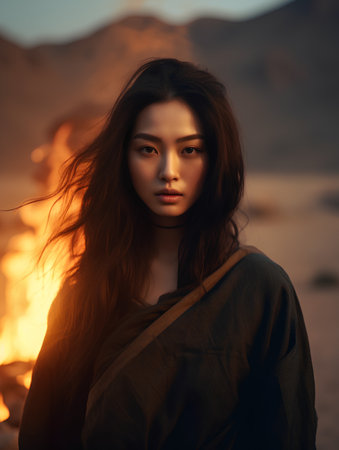 Portrait of a beautiful asian woman with long hair in the fireの素材
