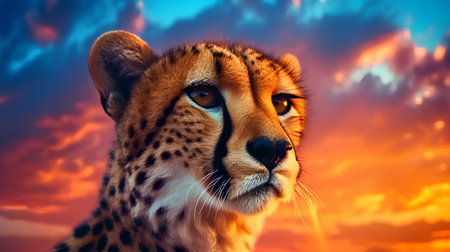 Cheetah portrait at sunset with beautiful sky background. 3d renderingの素材