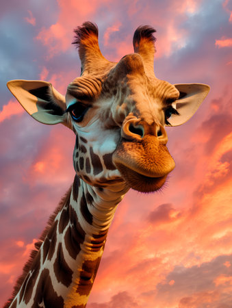 Giraffe head on sunset sky background. Beautiful animal portrait.の素材