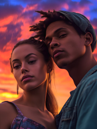 Portrait of two young multiethnic women and man on the background of sunset skyの素材