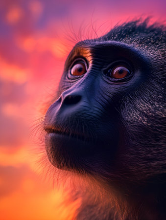 Portrait of a monkey on a background of a beautiful sunset.の素材