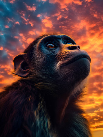 Chimpanzee in front of a sunset background. 3d renderingの素材