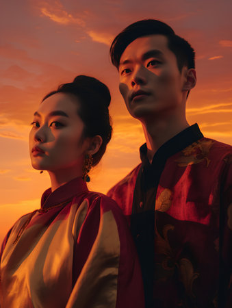 Chinese couple in traditional clothes at sunset. Chinese New Year concept.の素材