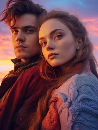 Handsome young man and beautiful woman in warm clothes posing at sunset.の素材