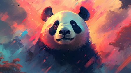 Panda in the wild. Colorful illustration. Digital painting.の素材