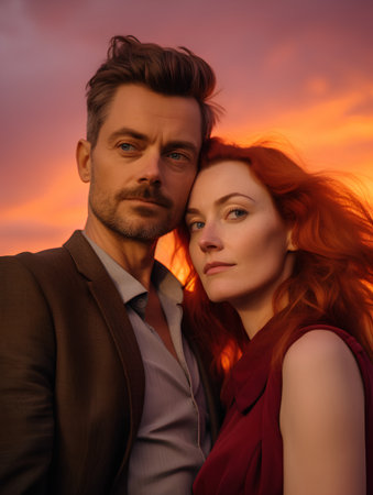 Portrait of a young couple in love on the sunset background.の素材