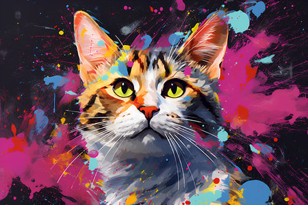 Colorful cat portrait on colorful splashes background. Vector illustration.の素材