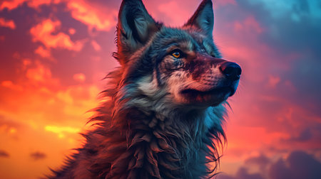 Portrait of a wolf on a background of the sunset sky.の素材