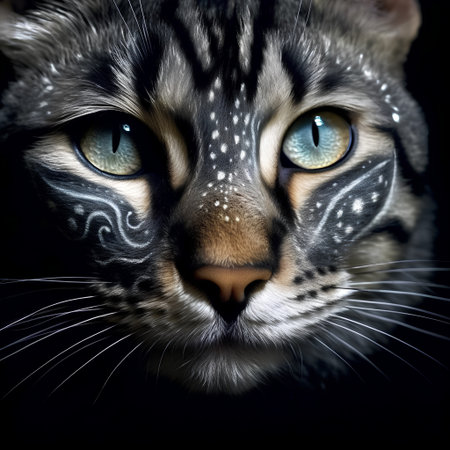 Portrait of a beautiful cat with blue eyes on a black backgroundの素材