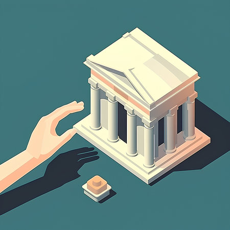 Bank building in isometric style. Vector illustration of a hand holding bank building.の素材