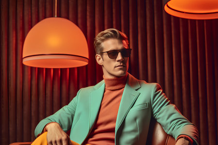 Handsome young man in sunglasses and a turquoise suit is sitting in a chair. Men's beauty, fashion.の素材