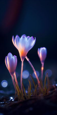 Beautiful crocus flowers on dark background with bokeh effectの素材