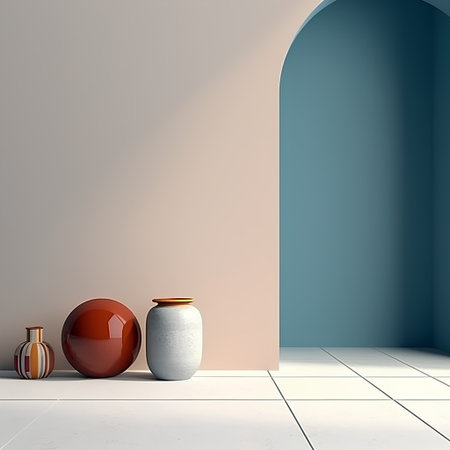 3d render of a room with two vases and a doorの素材
